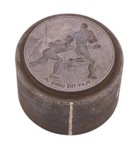 Original steel die for beautifully engraved rugby medallion, with legend "Play The Game", and sculptor's initials "CL", 63mm diameter. Ex Stokes & Sons archive.