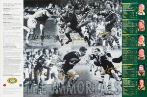 "The Immortals" print signed by Reg Gasnier, Wally Lewis, Johnny Raper, Graeme Langlands, Bobby Fulton & Clive Churchill (facsimile), limited edition 489/1500, with CoA. Framed & glazed, overall 58x80cm.