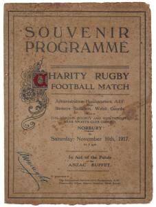 "Souvenir Programme, Charity Rugby Football Match, Administrative Headquarters A.I.F. versus Reserve Battalion Welsh Guards, Played at The London County and Westminster Bank Sports Club Ground, Norbury (England), On Saturday November 10th 1917, At 3pm. In