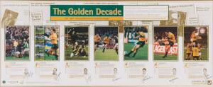 WALLABIES: Print "The Golden Decade - 1991-2001 Defining Moments in Australian Rugby", with 7 signatures - Michael Lynagh, David Campese, George Gregan, Stephen Larkham, John Eales, Stirling Motlock & Justin Harrison, limited edition 106/500, window mount