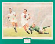 SIGNED DISPLAYS, noted "In Full Flight" print by Keith Fearon, signed by Rory Underwood & the artist; "Engine Room" display signed by Sean Fitzpatrick; "Rugby Greats Series" signed by Martin Johnson; display signed by Justin Marshall & Andrew Mehrtens. Al - 4