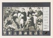 INTERNATIONAL RUGBY HALL OF FAME, "The Inaugural XV Hall of Famers" print of the first 15 players chosen for International Rugby Hall of Fame, with 13 signatures including Mark Ella, Hugo Porta & Gareth Edwards; plus 1999 "International Rugby Hall of Fame - 3