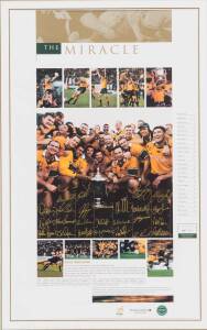 WALLABIES, "Champions of the World" display signed by 1999 Wallabies team, limited edition 20/500, framed & glazed, overall 62x83cm. Plus "The Miracle - Bledisloe Cup 2000", signed by 2000 Wallabies team, limited edition 44/500, framed & glazed, overall 6