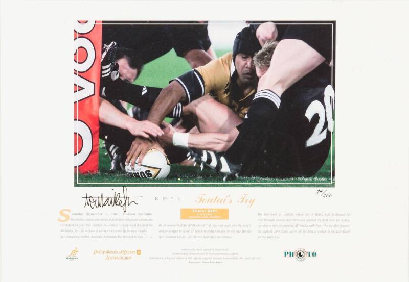 WALLABIES, signed displays with " Eales - Altitude" signed by John Eales; "The Kick" signed by Stephen Larkham; "Toutai's Try" signed by Toutai Kefu. All framed (largest 48x59cm), with CoAs.