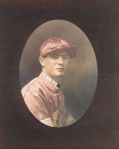 Two framed hand-coloured photographs of jockeys, each signed "Finchan 1920", and mounted in attractive wooden frames, each overall 58x68cm.