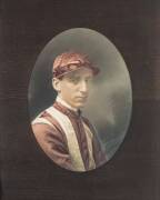 Two framed hand-coloured photographs of jockeys, each signed "Finchan 1920", and mounted in attractive wooden frames, each overall 58x68cm. - 2