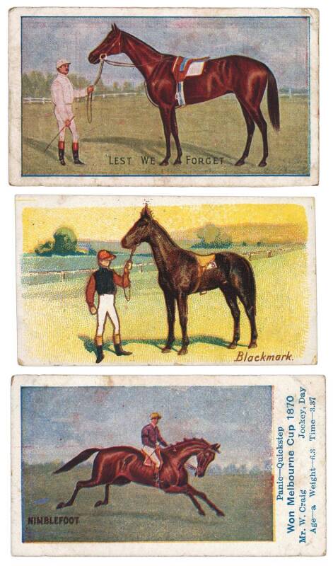 c1900-07 horse-racing cards, noted 1906 Wills "Melbourne Cup Winners" [8/45]; 1906 Wills "Horses of Today" [16/50]; Sniders & abrahams "Australian Racehorses" 1906 [24/56] & 1907 [19/57]. Poor/G.