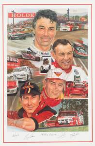 HOLDEN LEGENDS, print by Roy Honisett, signed by Peter Brock, Larry Perkins, Jim Richards & Mark Skaife, limited edition 105/300, window mounted, framed & glazed, overall 73x104cm.  