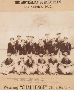 1932 LOS ANGELES OLYMPICS: Photograph "The Australian Olympic Team, Los Angeles, 1932, Wearing "Challenge" Club Blazers", with title & Olympians names on mount, size 32x37cm.