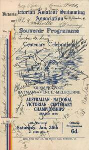 "Victorian Amateur Swimming Association. Souvenir Programme, Centenary Celebrations, Olympic Pool, Batman Avenue, Melbourne. Australian - National -Victorian - Centenary championships, Season 1935", with 22 signatures on front cover including Masaji Kiyok