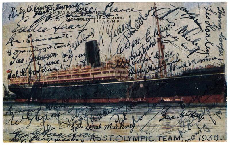 1936 AUSTRALIAN OLYMPIC TEAM: Postcard of S.S."Mongolia" signed by the entire Australian team of 34 athletes & 5 officials, with complete list of the team & their achievements. Includes the only medal winner from these Games, Jack Metcalfe - Bronze in Ath