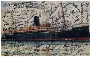 1936 AUSTRALIAN OLYMPIC TEAM: Postcard of S.S."Mongolia" signed by the entire Australian team of 34 athletes & 5 officials, with complete list of the team & their achievements. Includes the only medal winner from these Games, Jack Metcalfe - Bronze in Ath