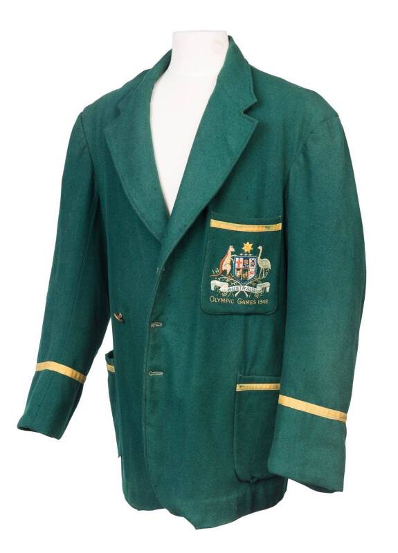 1948 LONDON OLYMPICS: Australian Blazer, green wool with embroidered Australian Coat-of-Arms & "OLYMPIC GAMES 1948" on pocket. Fair condition (some stitching loose on shoulders, and moth holes). Ex Jim Armstrong, who won a bronze medal in the freestyle wr