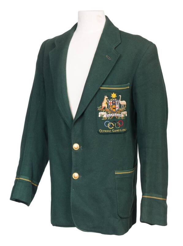 1952 HELSINKI OLYMPICS: Australian Blazer, green wool with embroidered Australian Coat-of-Arms & "OLYMPIC GAMES 1952" on pocket. Good condition. Ex Bevan Scott, who competed in freestyle wrestling.
