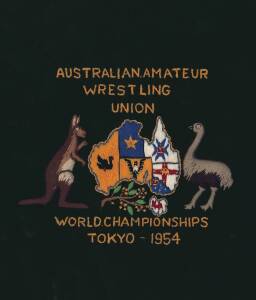 Embroidery on green cloth "Australian Amateur Wrestling Union/ (Australian Coat-of-Arms)/ World Championships, Tokyo - 1954".