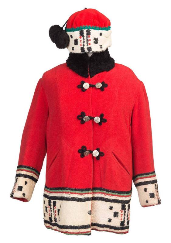 Red winter jacket, with matching beanie, believed to be French from c1956 Winter Olympics, the jacket with 6 lovely buttons featuring Olympic torch & rings.