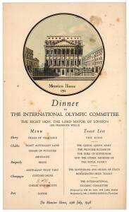 1956 MELBOURNE OLYMPICS: 1948 Menu for the lavish dinner of Australian wine and food, hosted by the Lord Mayor of London for the IOC Members attending the London Olympics, where Australia wooed the IOC Members with their case to have the 1956 Olympics in 