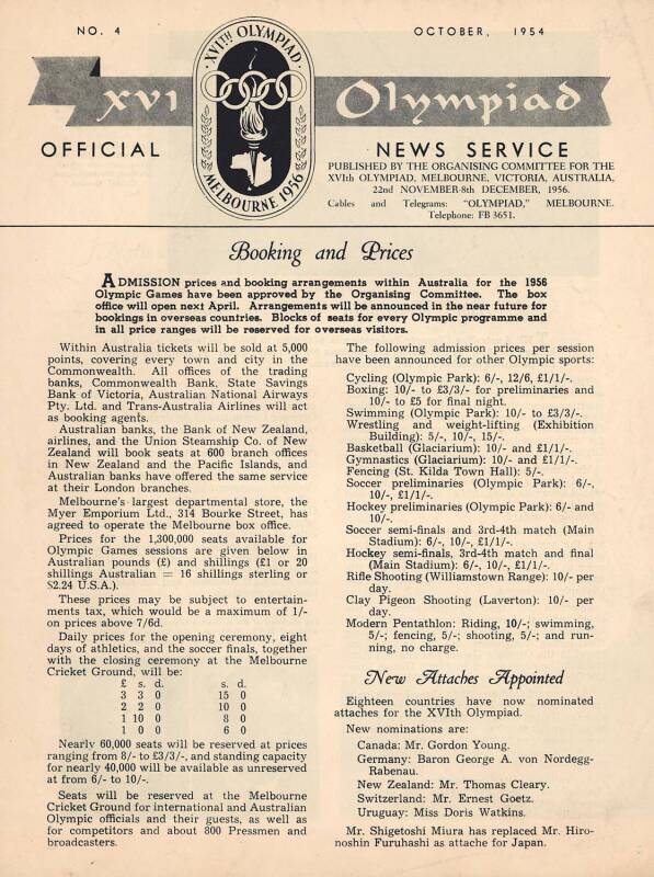 NEWSLETTERS: "XVI Olympiad - Official News Service" newsletters Nos. 2, 4, 6, 7, 8 (2), 11, 12 & 13, from March 1954 to September 1956, in folder.