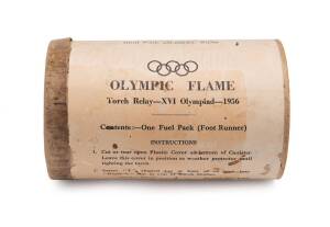 1956 OLYMPIC TORCH FUEL PACK CONTAINER, original cardboard tube with instructions printed on outside. Made by Waeco Ltd, Pyrotechnic Engineers, Salisbury, UK. Extremely scarce.