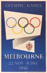 1956 OLYMPIC POSTER: Official Poster of the 1956 Olympic Games in Melbourne, showing Olympic Rings and Melbourne Coat-of-Arms, designed by Richard Beck, printed by Containers Limited, Melbourne, large size, 64x102cm. Folded, Good condition.