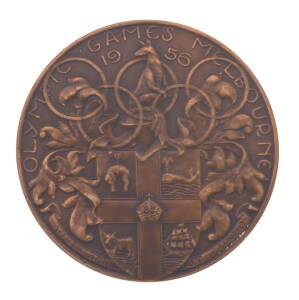 1956 Melbourne Participation Medal, in bronze, designed by Andor Mezaros, minted by K.G.Luke in Melbourne, 63mm diameter, engraved on rim "B.C.Ruxton, Beaumaris, Victoria, Australia", in original plastic presentation case.