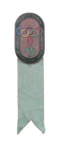 OFFICIAL BADGE FOR PRESS, minted by K.G.Luke, with green enamel border, bronze background and pale green ribbon with "PRESS", numbered "9576" on reverse.