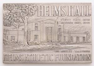 Helms Athletic Foundation commemorative medallion, 84x58mm, silvered iron, “Presented to distinguished sportsmen and athletic leaders,” showing foundation logo with legend on one side, the other with Helms Hall.