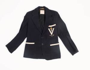 1956 MELBOURNE OLYMPICS: Official's Blazer, navy blue wool with embroidered Olympic Torch, "V"  & "A.A.A" on pocket. Fair/Good condition. Indistinct name on label.