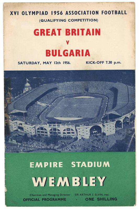 Scarce programme, "XVI Olympiad 1956 Association Football (Qualifying Competition), Great Britain v Bulgaria" at Wembley Stadium. Fair/Good condition.