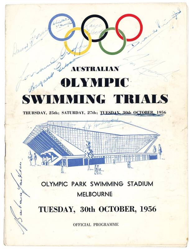 Programme "Australian Olympic Swimming Trials, Olympic Park Swimming Stadium Melbourne, Tuesday, 30th October 1956", with 9 signatures on front cover including dawn fraser, Lorraine Crapp & Jon Hendriks.