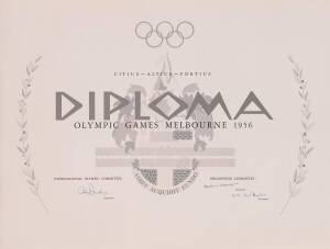 DIPLOMA: "Diploma, Olympic Games Melbourne 1956", unused, with printed signatures of Avery Brundage, Robert Menzies & W.S.Kent-Hughes, size 58x44cm. Condition A+.