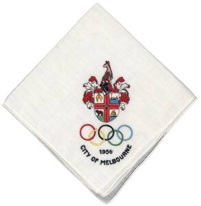 Usherette's Handkerchief, embroidered with Melbourne Coat-of-Arms, Olympic rings & "1956, City of Melbourne"; together with bi-lingual programme "Solemn Opening of the Congress of The International Olympic Committee at Town Hall, Melbourne on Monday 19th 