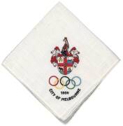 Usherette's Handkerchief, embroidered with Melbourne Coat-of-Arms, Olympic rings & "1956, City of Melbourne"; together with bi-lingual programme "Solemn Opening of the Congress of The International Olympic Committee at Town Hall, Melbourne on Monday 19th