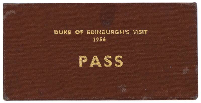 "Duke of Edinburgh's Visit, 1956, PASS", No.406 issued to Lovell, with handstamp of Chief Commissioner of Police. {With letter from man whose job was to raise the Royal Standard throughout the tour & Olympic Games}