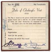 "Duke of Edinburgh's Visit, 1956, PASS", No.406 issued to Lovell, with handstamp of Chief Commissioner of Police. {With letter from man whose job was to raise the Royal Standard throughout the tour & Olympic Games} - 2