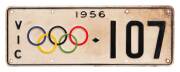 CAR NUMBER PLATES: Pair of Olympics car Number Plates, with "1956" at top, "VIC" at left, Olympic rings in colour and number "107". (A low number - the Duke of Edinburgh had 101). Good condition (some wear) - extremely scarce in pairs. - 2