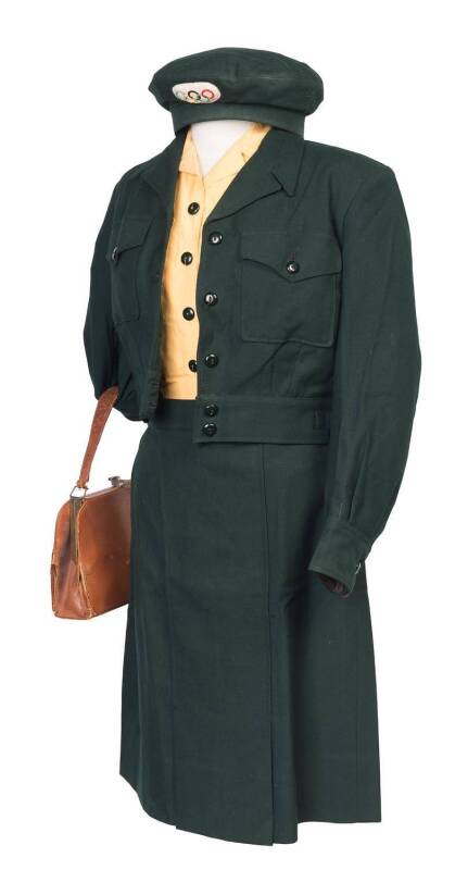 OLYMPIC CHAUFFEUR'S UNIFORM, comprising cap with Olympic rings badge on front, skirt, blouse & jacket; plus the handbag. (Handbag in fair condition but extremely scarce).