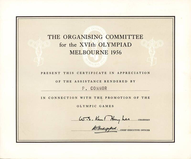 Certificate of Appreciation from The Organising Committee for the XVIth Olympiad Melbourne 1956 to P.Connor (Chauffer). Superb condition with original envelope.