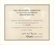 Certificate of Appreciation from The Organising Committee for the XVIth Olympiad Melbourne 1956 to P.Connor (Chauffer). Superb condition with original envelope.