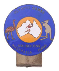 CAR BADGE, attractive badge with torch runner inside map of Australia, flanked by emu & kangaroo, and "Olympic Games/ Melbourne, Australia 1956". Made by Sheridan, Perth. Very scarce.