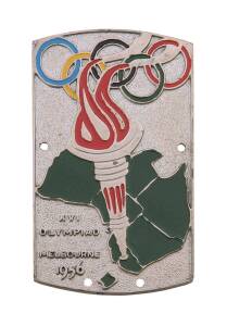 CAR BADGE, attractive badge with Olympic rings, torch, map of Australia, and "XVI Olympiad/ Melbourne 1956". Made by Streamlux, in original box.