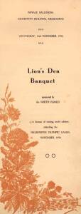 MENU, "Lion's Den Banquet, sponsored by the Wirth Family, in honour of visiting world athletes attending the Melbourne Olympic Games, November, 1956". Fair/Good condition.