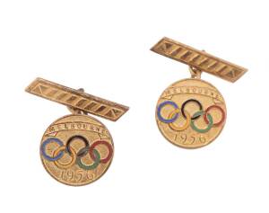 CUFF LINKS: Pair of cuff-links with enamel Olympic rings & "Melbourne 1956", made by K.G.Luke. Fine condition.