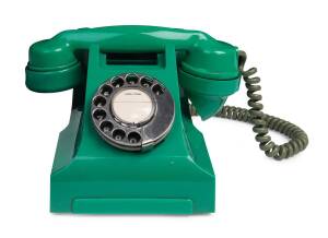 TELEPHONE, in striking green colour, with letter "This is to certify that this telephone was used in the main stadium at the 1956 Olympic Games. It was one of the 300 Series issued by the PMG in the Olympic Colours. (Signed) J.Connell, PMG Technician seco