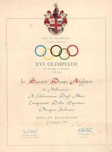 ITALY: Invitation "XVI Olympiade. la Societa Dante Alighieri di Melbourne - A Celebrazione Degli Allori Conquistati Dalla Sqadra Olimpica Italiana, Royale Ballroom, 10 Dicembre 1956", some tone spots. Scarce.