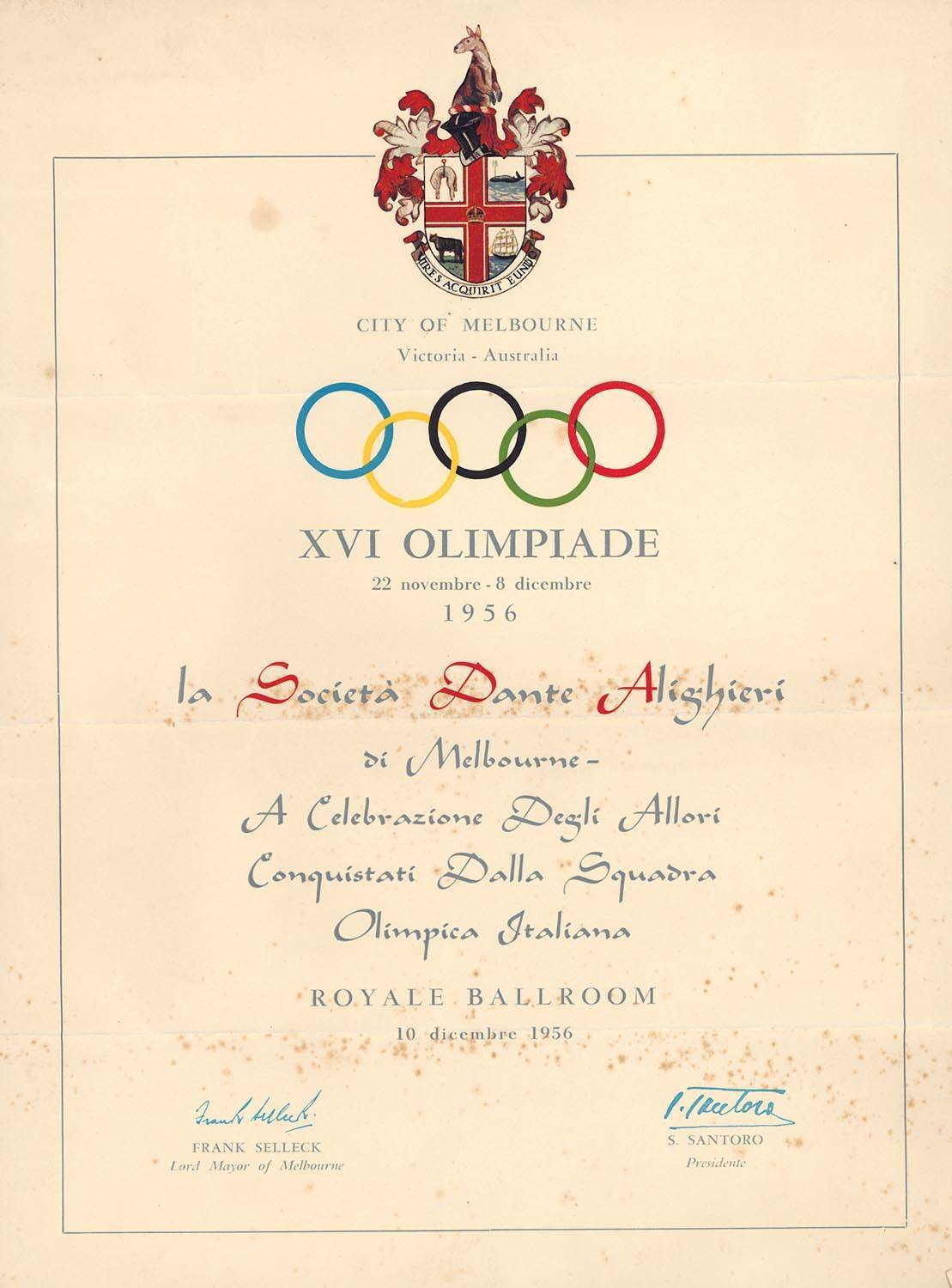 ITALY Invitation XVI Olympiade. la Societa Dante Alighieri di