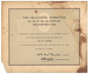 Certificate of Appreciation from The Organising Committee for the XVIth Olympiad Melbourne 1956 to Betty Bragg. Poor/Fair condition.