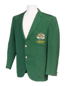 1968 MEXICO OLYMPICS: Australian Blazer, green wool with embroidered Australian Coat-of-Arms, Olympic Rings & "OLYMPIC GAMES 1968/ MEXICO CITY" on pocket. Good condition. Ex Alan Callaway, Men's Eight Coach.