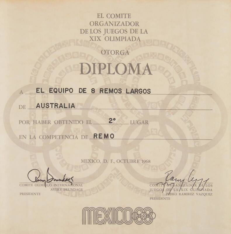 1968 MEXICO OLYMPICS: Diplaoma awarded to Australia's Rowing Eights (who won silver medal), signed by Avery Brundage & Pedro Ramirez Vazquez. 