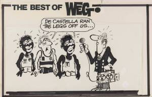 WEG CARTOONS: 1980s original artwork for cartoons on Olympic themes, noted "De Castella Ran the Legs Off Us...", various sizes.